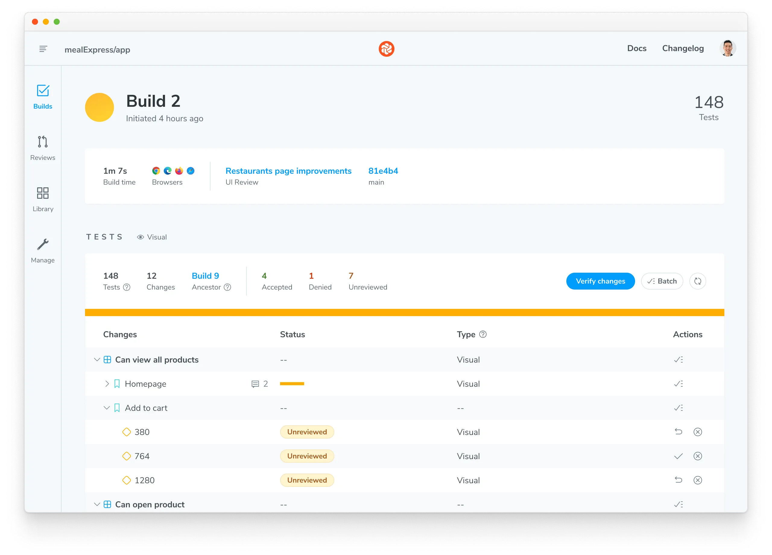 Chromatic build screen with a list of E2E tests that have visual changes